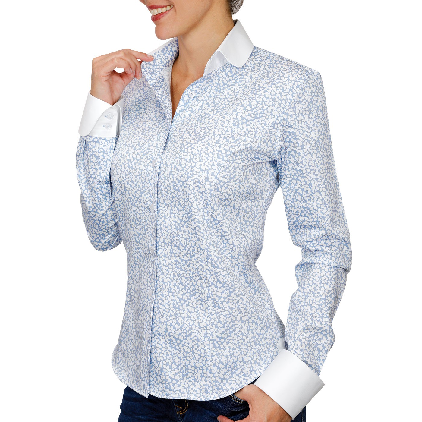 Blue shirt on sale white collar womens